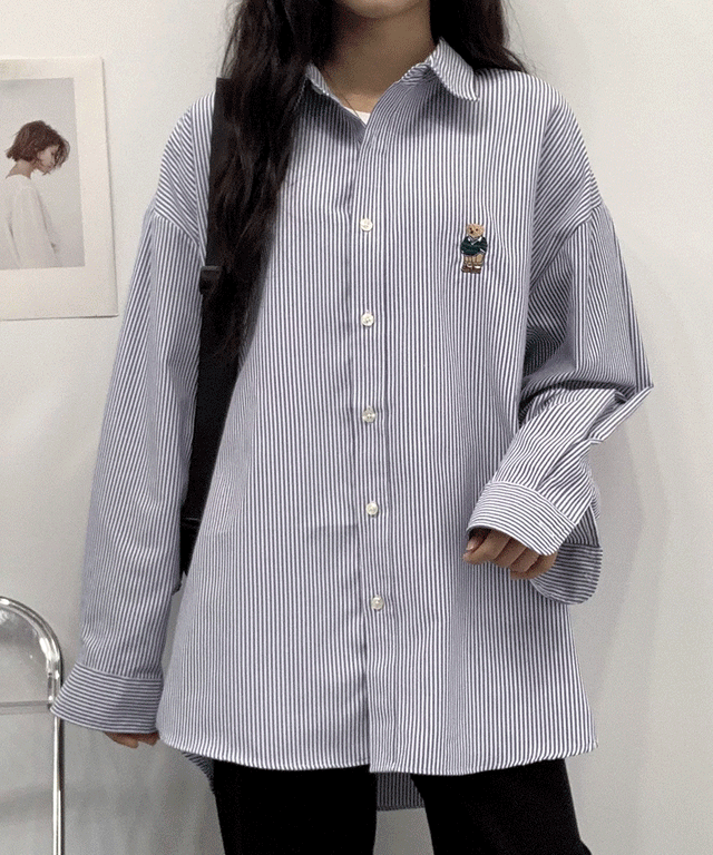 스트라이프 곰자수 긴팔 셔츠 남방 (3color)
